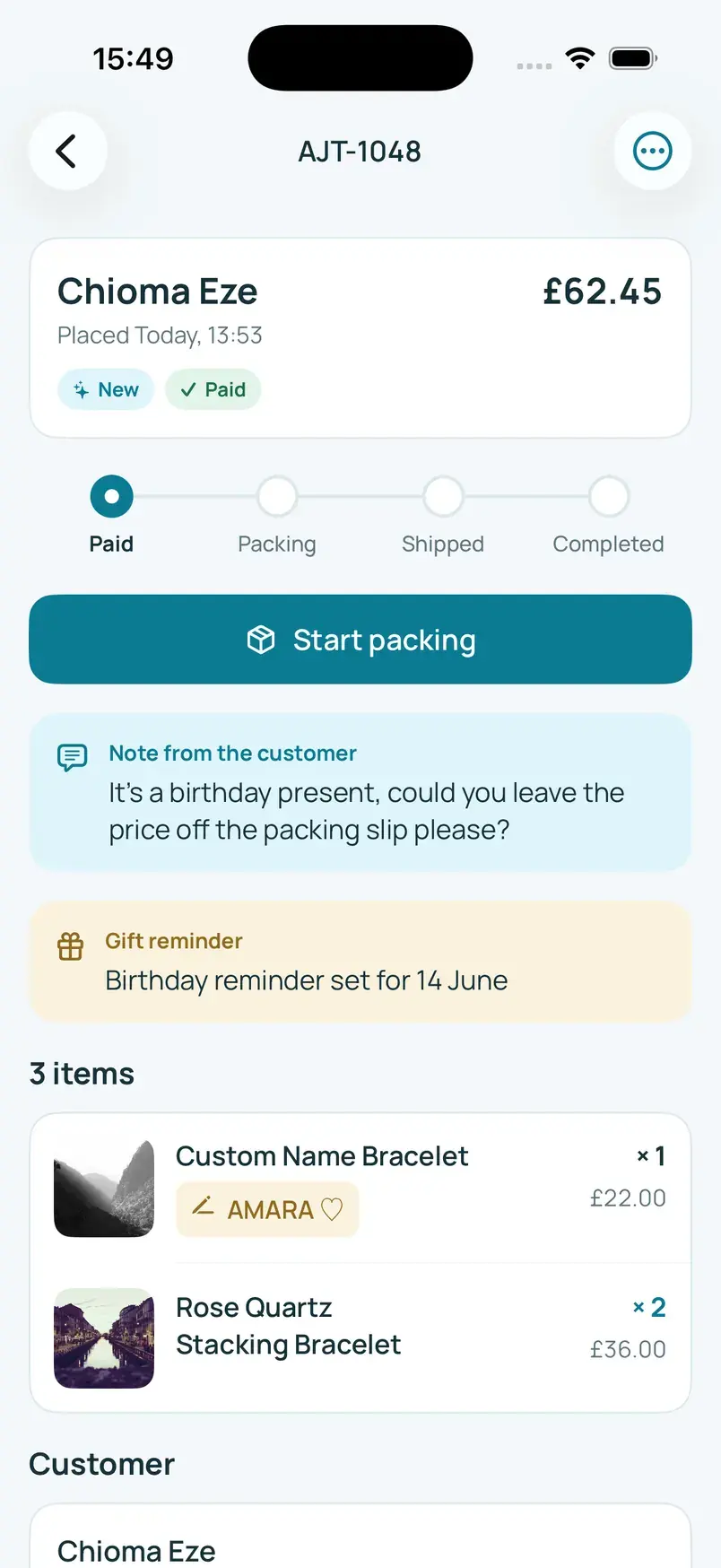 AJ Trinkets admin on iPhone, an order with fulfilment and tracking