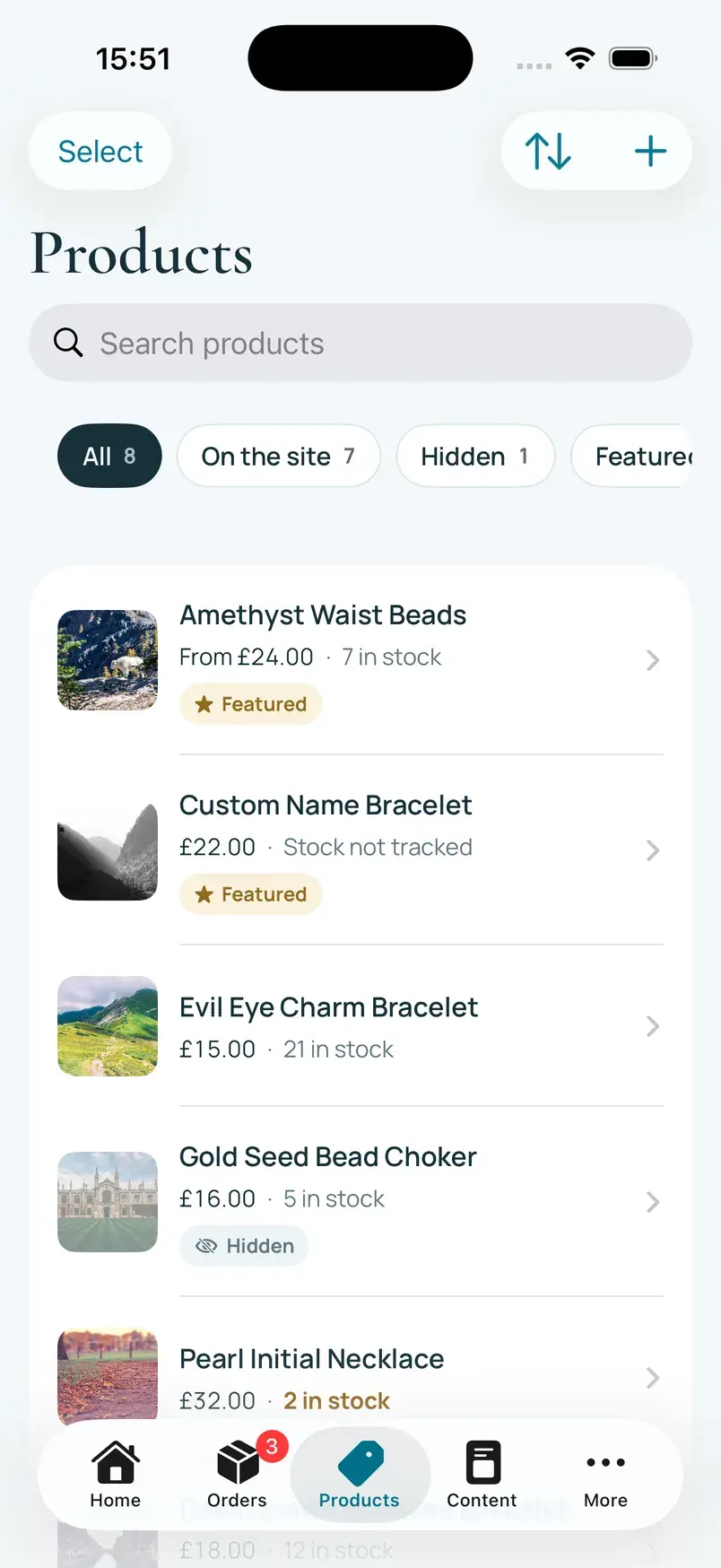 AJ Trinkets admin product list on iPhone