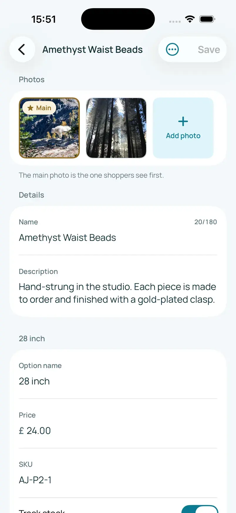 AJ Trinkets admin editing a product on iPhone