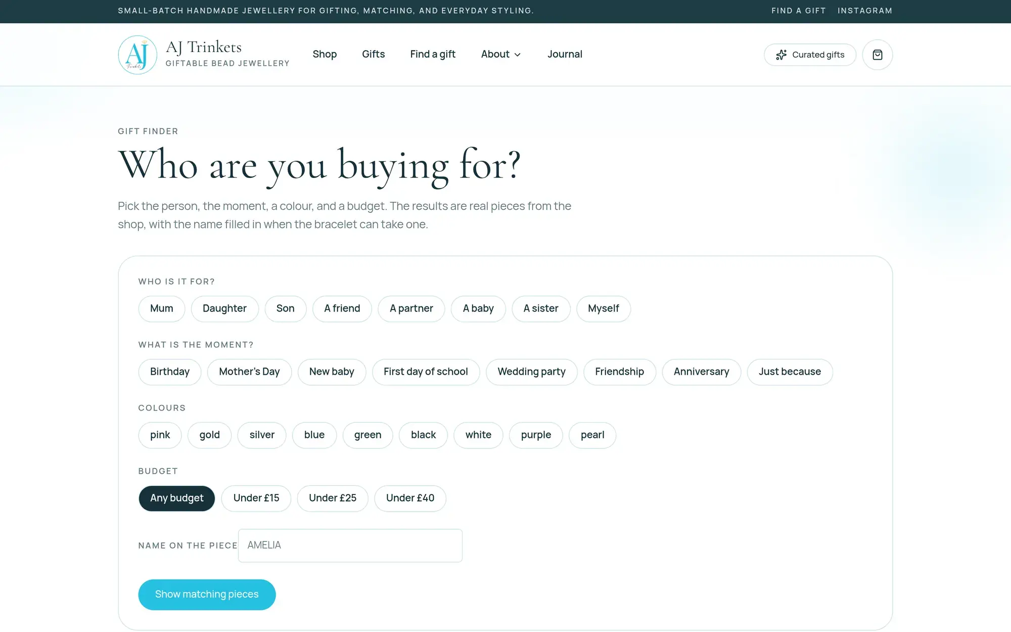 AJ Trinkets gift finder asking who you are buying for