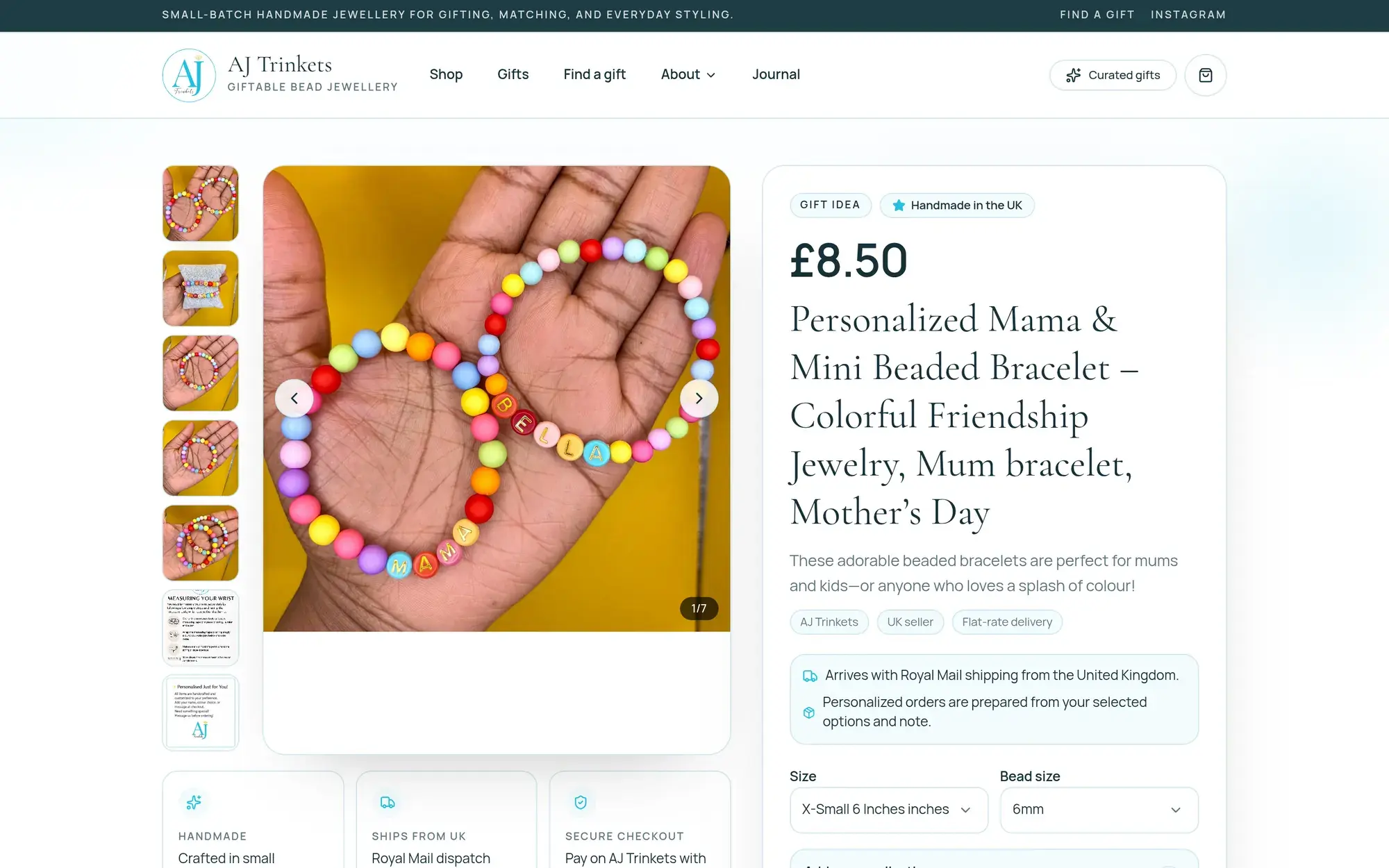 AJ Trinkets product page for a personalised bracelet